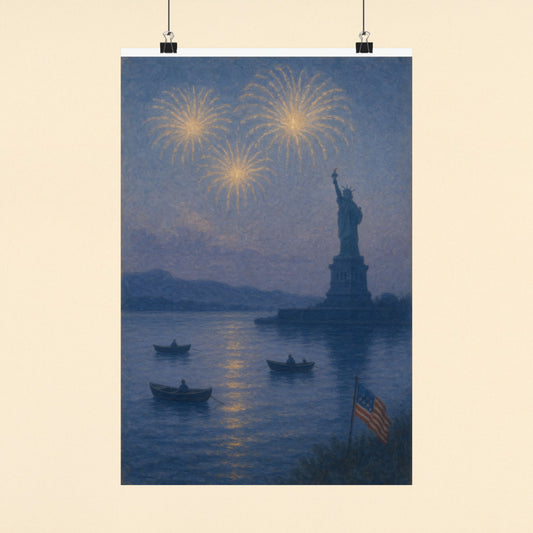 Statue of Liberty at Dusk – 4th of July Fireworks Over the Lake | Peaceful Patriotic Wall Art Print | Matte Vertical Posters | Freedom Celebration Decor