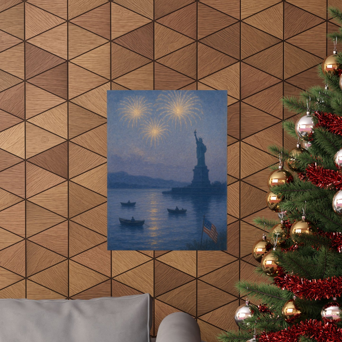 Statue of Liberty at Dusk – 4th of July Fireworks Over the Lake | Peaceful Patriotic Wall Art Print | Matte Vertical Posters | Freedom Celebration Decor