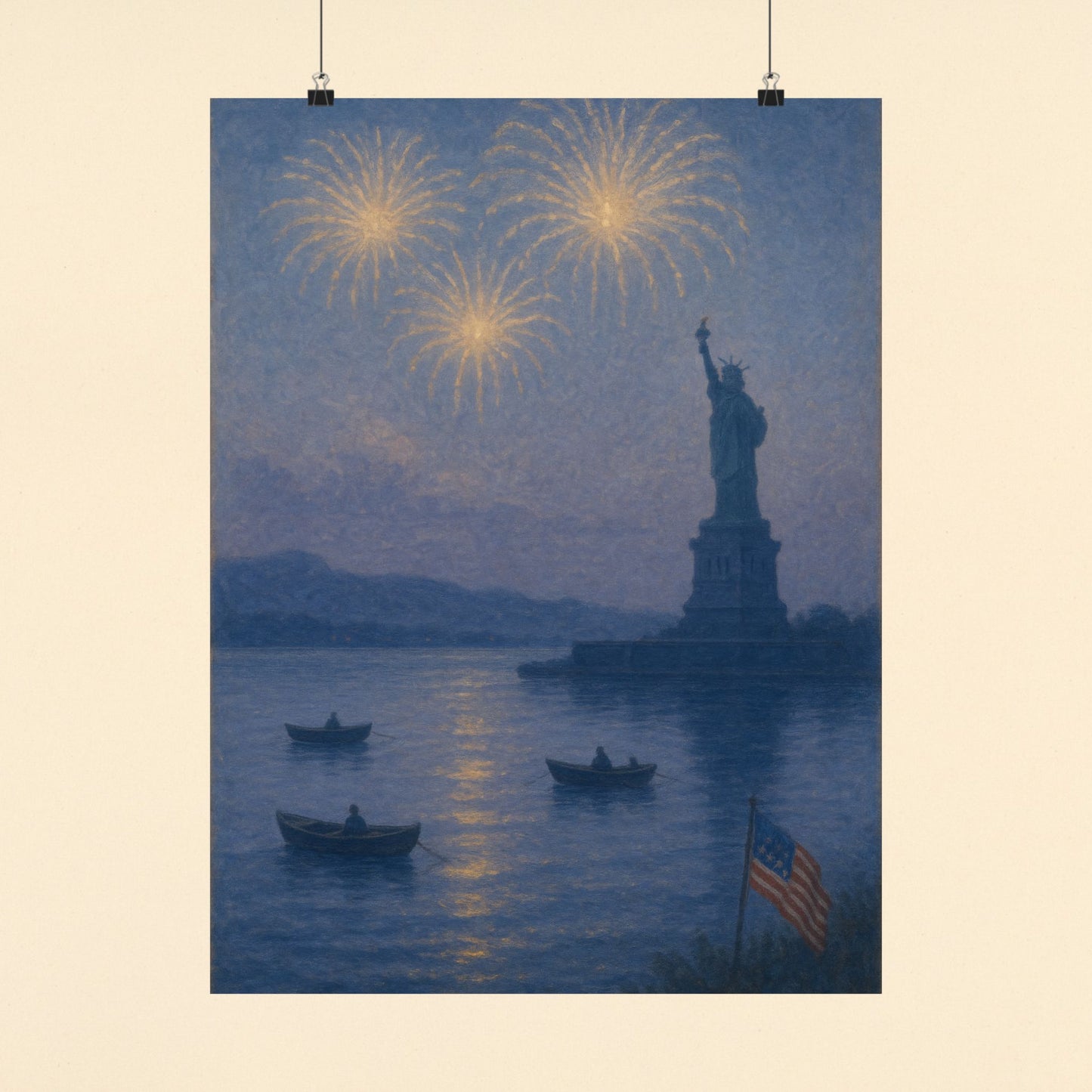 Statue of Liberty at Dusk – 4th of July Fireworks Over the Lake | Peaceful Patriotic Wall Art Print | Matte Vertical Posters | Freedom Celebration Decor