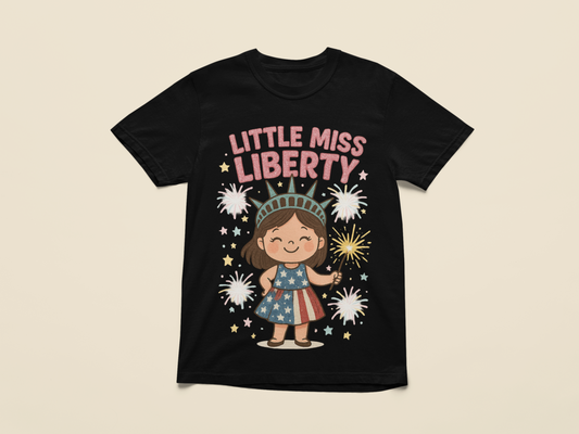 Little Miss Liberty T-Shirt | Kids 4th of July Shirt | Patriotic Baby Girl Tee | Independence Day Outfit | Cute Statue of Liberty Design - The Shara Prints