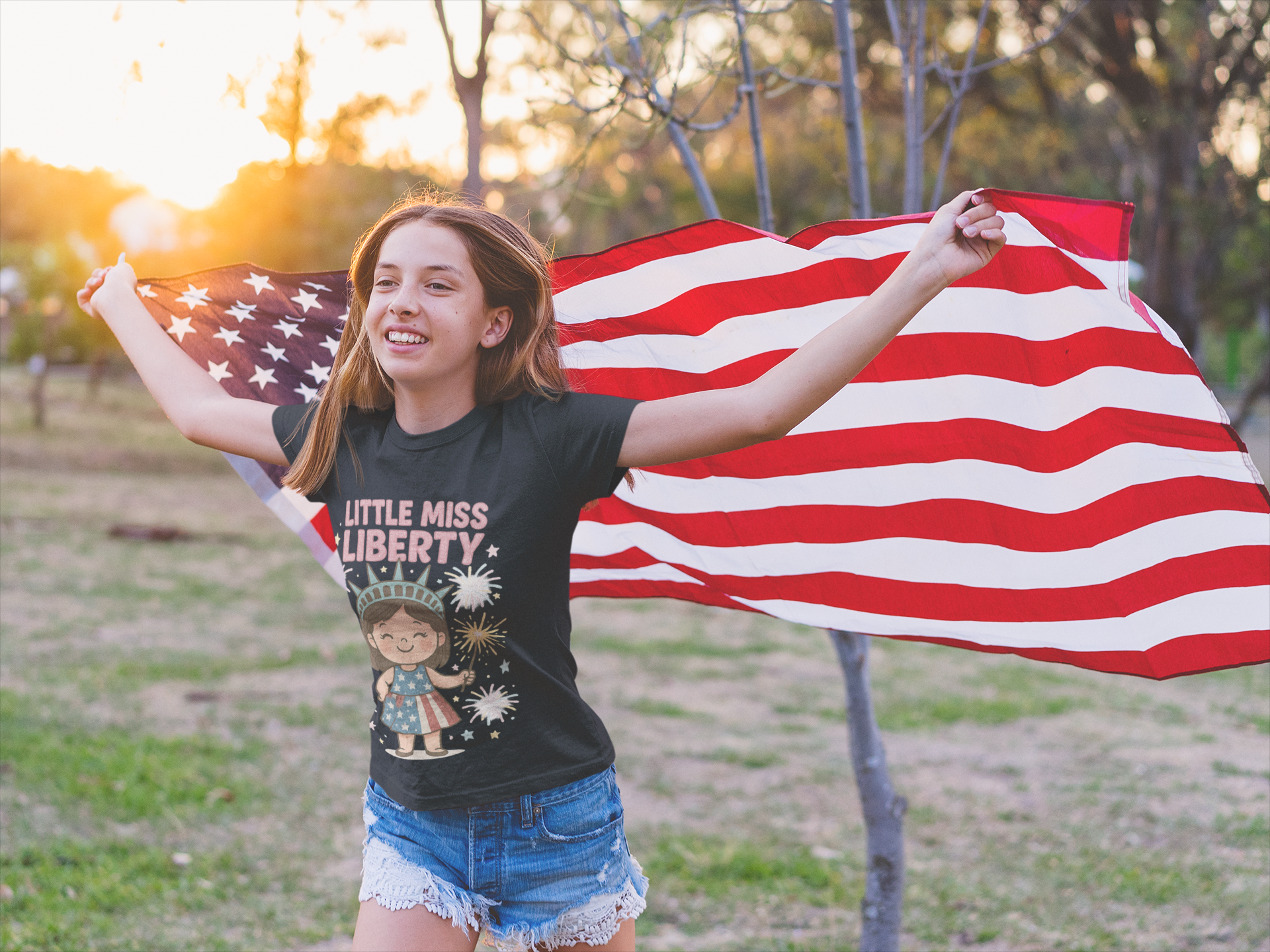 Little Miss Liberty T-Shirt | Kids 4th of July Shirt | Patriotic Baby Girl Tee | Independence Day Outfit | Cute Statue of Liberty Design - The Shara Prints