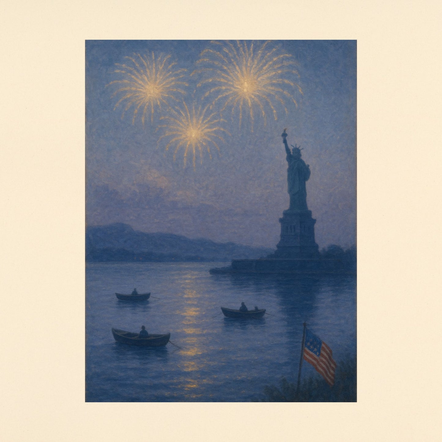 Statue of Liberty at Dusk – 4th of July Fireworks Over the Lake | Peaceful Patriotic Wall Art Print | Matte Vertical Posters | Freedom Celebration Decor