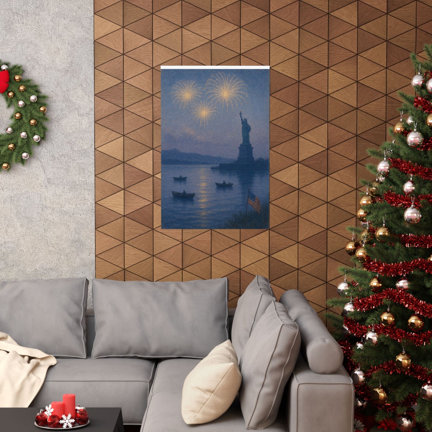 Statue of Liberty at Dusk – 4th of July Fireworks Over the Lake | Peaceful Patriotic Wall Art Print | Matte Vertical Posters | Freedom Celebration Decor