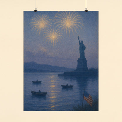 Statue of Liberty at Dusk – 4th of July Fireworks Over the Lake | Peaceful Patriotic Wall Art Print | Matte Vertical Posters | Freedom Celebration Decor