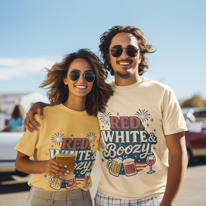 Red White & Boozy 4th of July T-Shirt | Funny Patriotic Party Shirt | USA Drinking Tee for Women & Men | Independence Day Beer Wine T-shirt