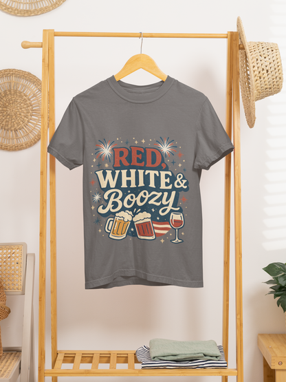 Red White & Boozy 4th of July T-Shirt | Funny Patriotic Party Shirt | USA Drinking Tee for Women & Men | Independence Day Beer Wine T-shirt