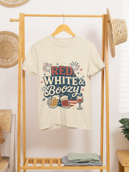 Red White & Boozy 4th of July T-Shirt | Funny Patriotic Party Shirt | USA Drinking Tee for Women & Men | Independence Day Beer Wine T-shirt