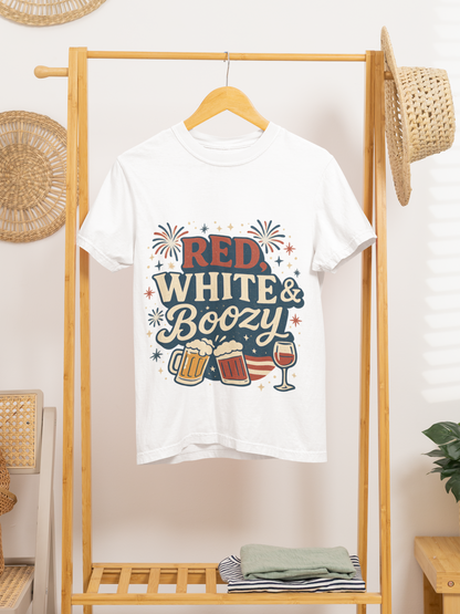 Red White & Boozy 4th of July T-Shirt | Funny Patriotic Party Shirt | USA Drinking Tee for Women & Men | Independence Day Beer Wine T-shirt
