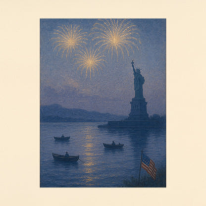 Statue of Liberty at Dusk – 4th of July Fireworks Over the Lake | Peaceful Patriotic Wall Art Print | Matte Vertical Posters | Freedom Celebration Decor